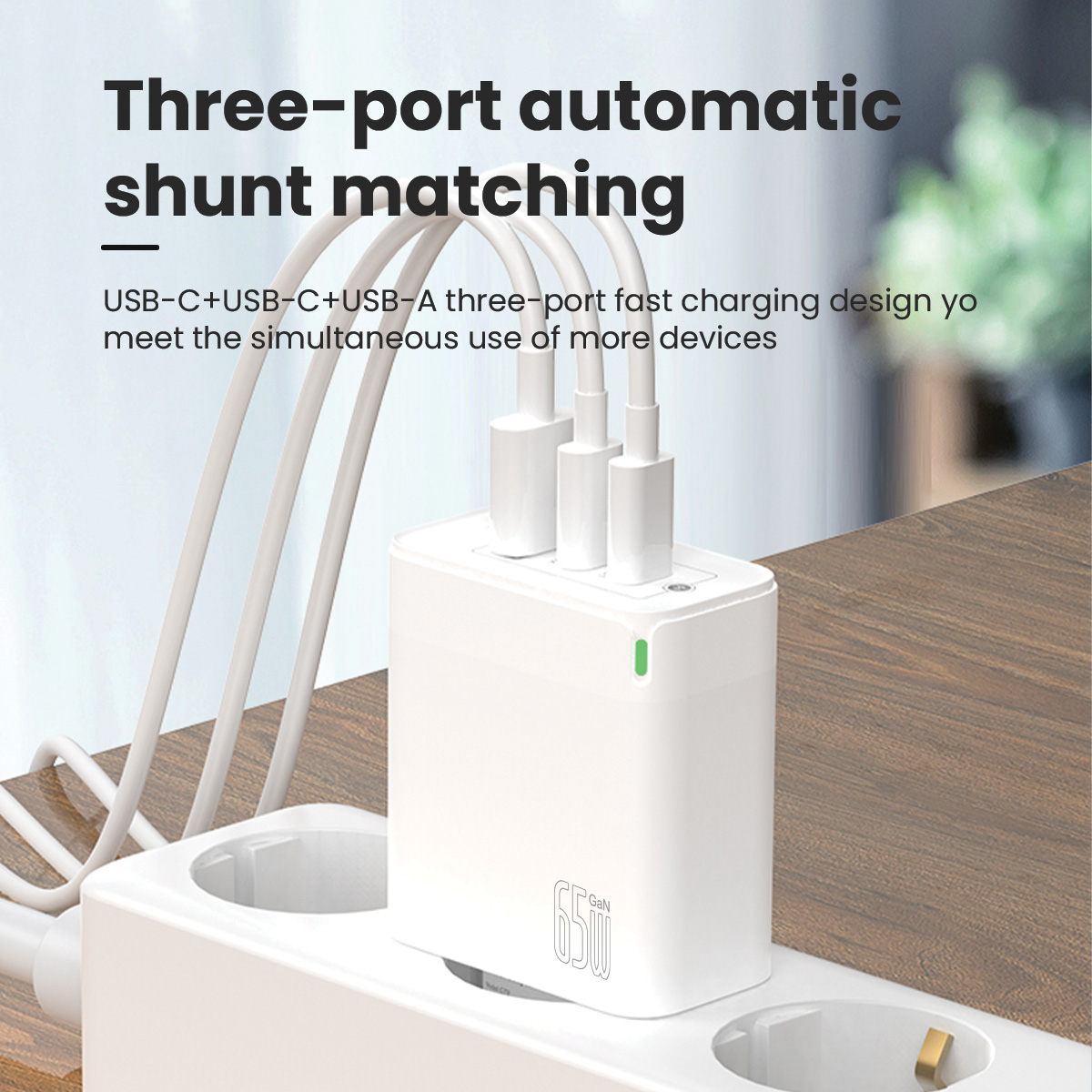 BRAVE BTC-23 65W GaN 3-Port Fast Charger Dual USB-C + USB-A with Type-C to Lightning Cable - White