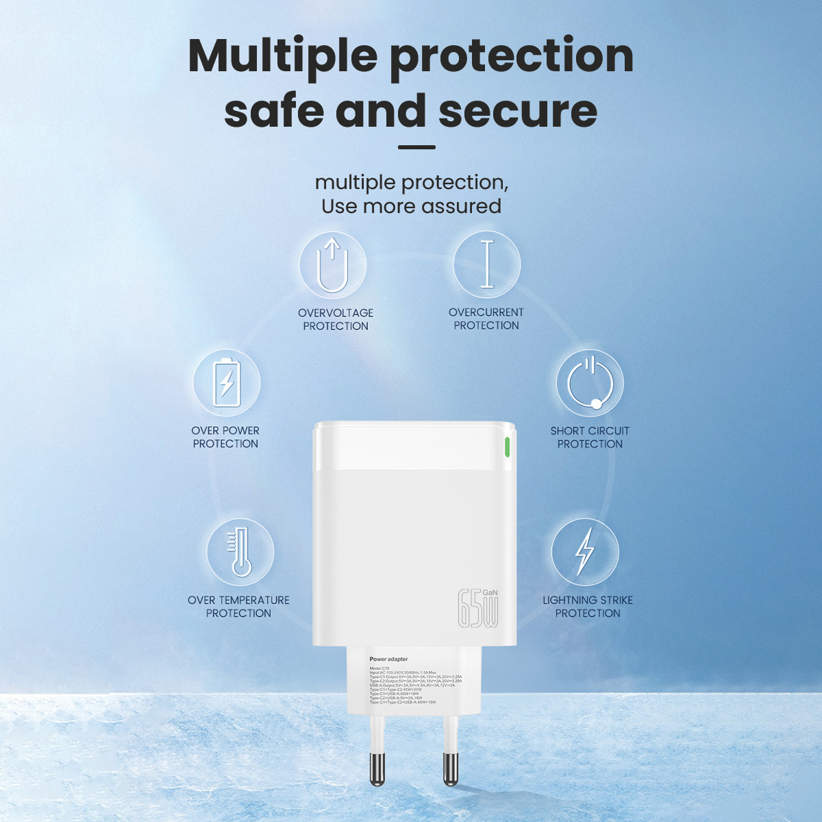 BRAVE BTC-23 65W GaN 3-Port Fast Charger Dual USB-C + USB-A with Type-C to Lightning Cable - White