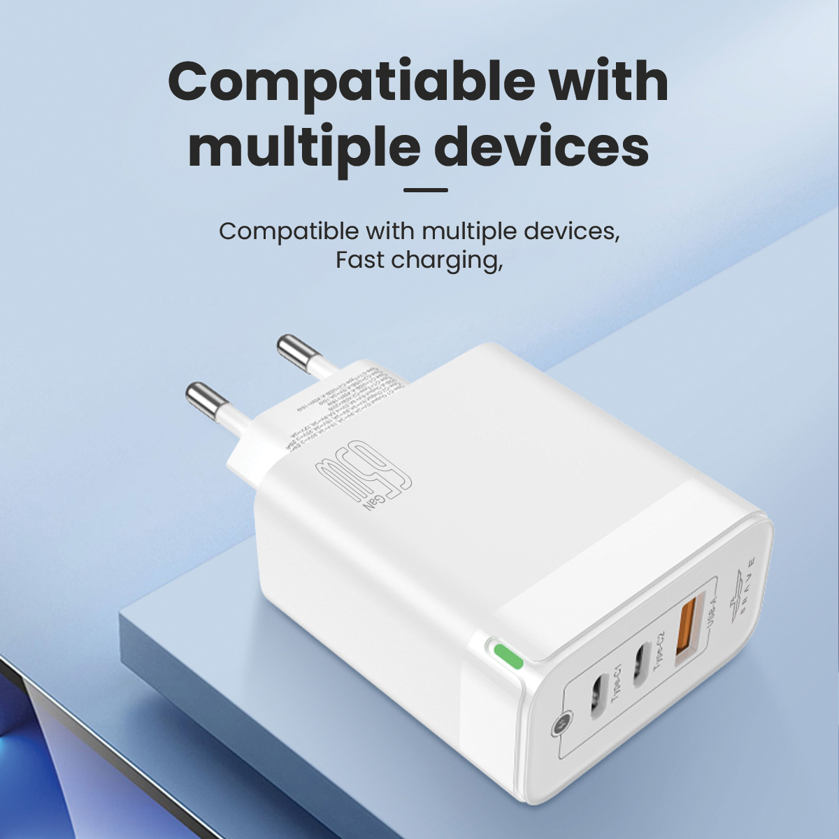 BRAVE BTC-23 65W GaN 3-Port Fast Charger Dual USB-C + USB-A with Type-C to Lightning Cable - White