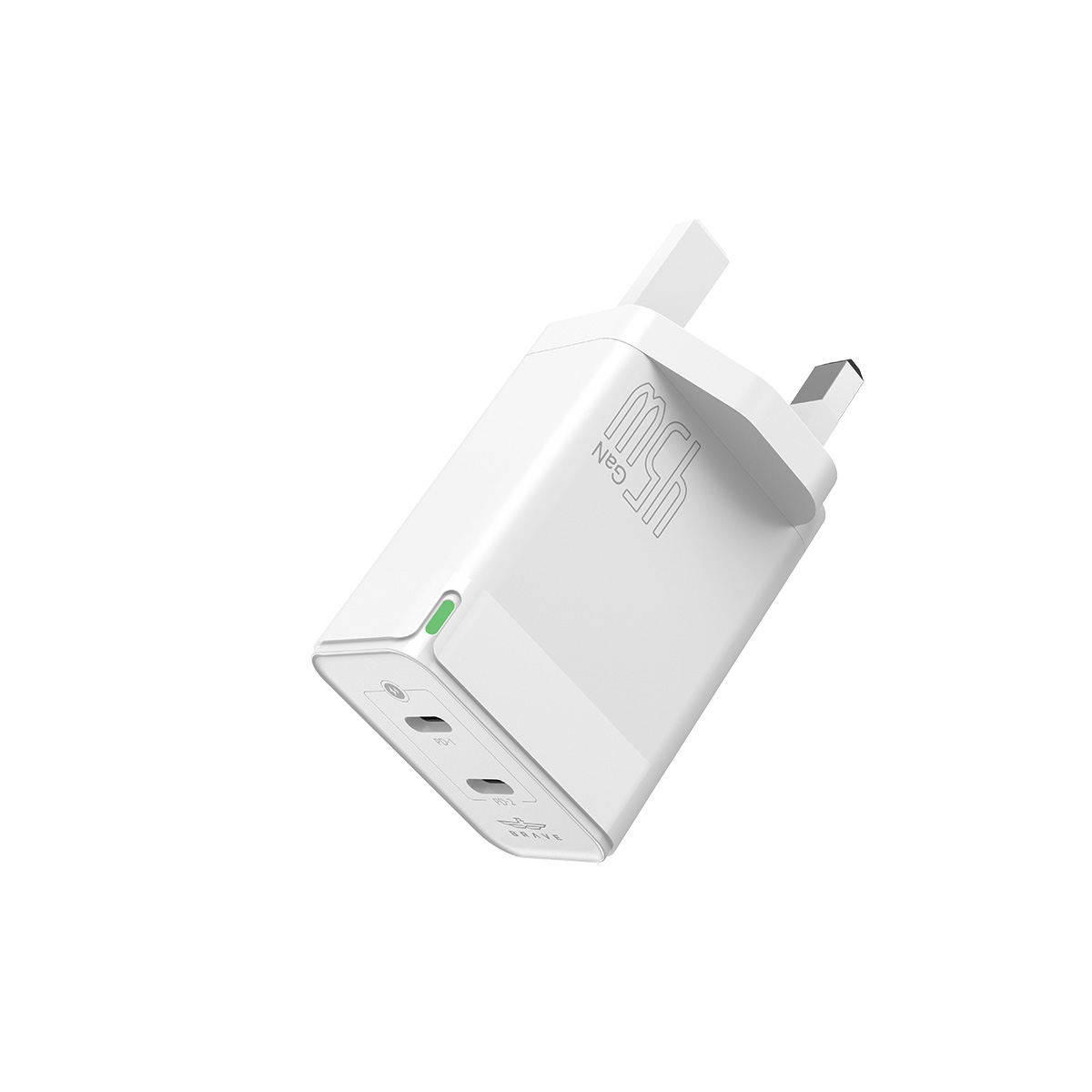 BRAVE BTC-24 45W GaN Dual Type-C Fast Wall Charger - UK Plug, With Type-C to Lightning Cable - White