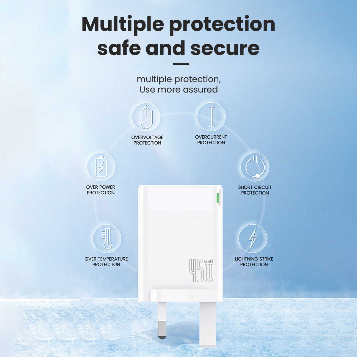 BRAVE BTC-24 45W GaN Dual Type-C Fast Wall Charger - UK Plug, With Type-C to Lightning Cable - White