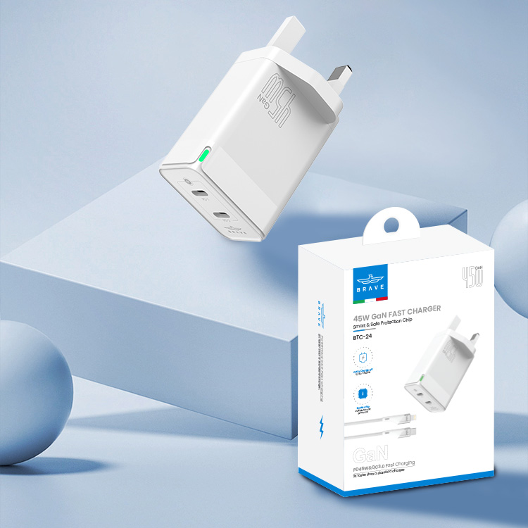 BRAVE BTC-24 45W GaN Dual Type-C Fast Wall Charger - UK Plug, With Type-C to Lightning Cable - White