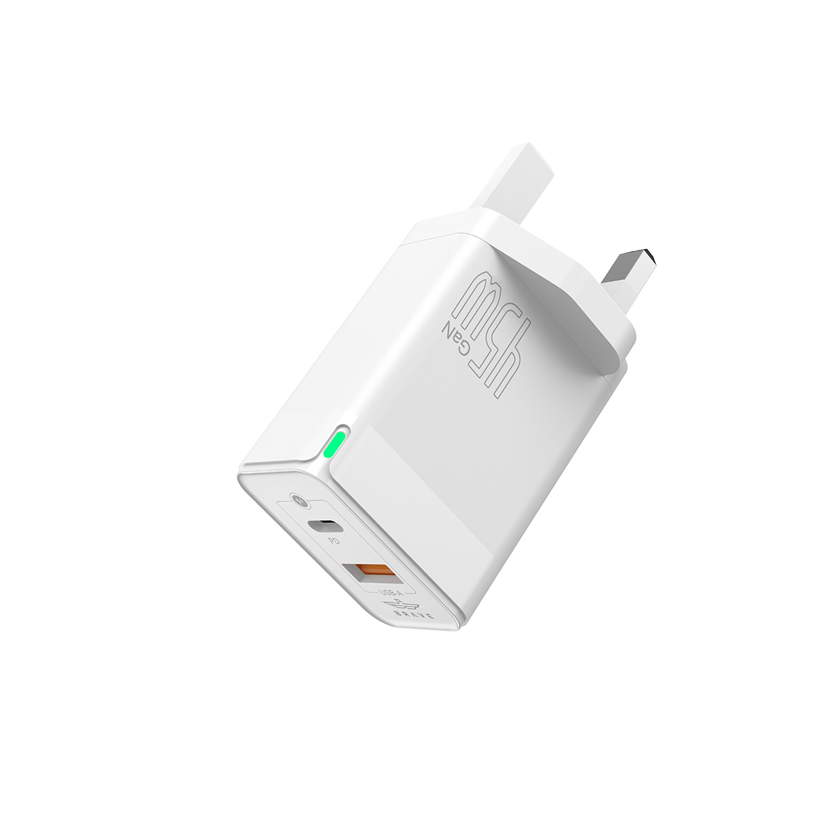 BRAVE BTC-26 45W GaN Dual-Port Fast Charger  | Type-C & USB-A PD+QC Adapter with Type-C to Lightning Cable - White
