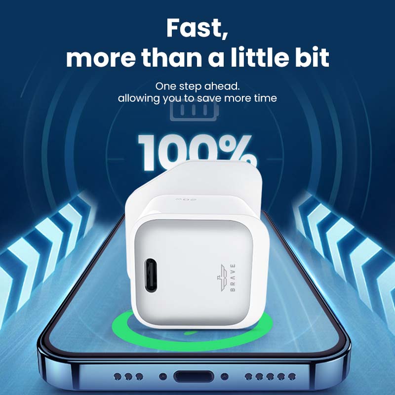 BRAVE BTC-28C 20W USB-C Fast Wall Charger – GaN Technology, PD 3.0 & QC 3.0 with Type-C to Lightning - White