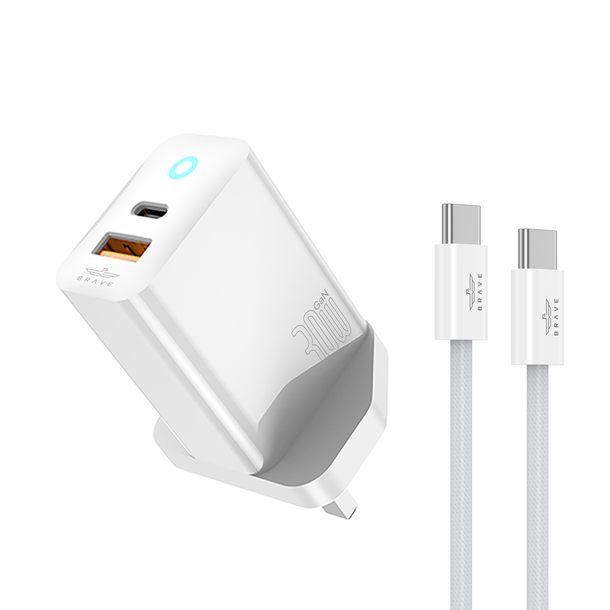 BRAVE BTC-29 30W PD GaN Wall Charger with USB-C & USB-A Ports + 60W USB-C to USB-C Cable - White