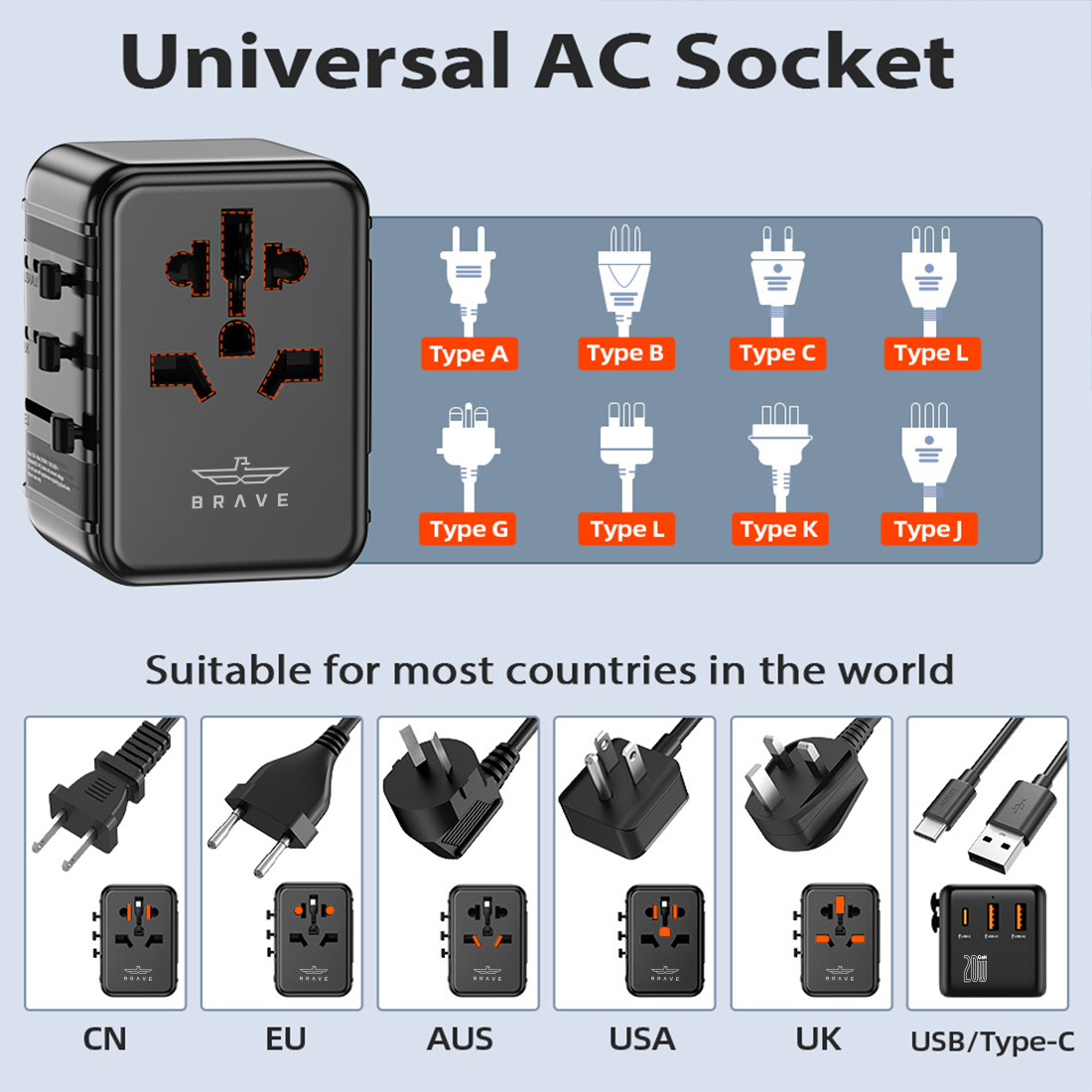 BRAVE BTC-36 Universal Travel Adapter with GaN Fast Charging - 2 USB-A QC 3.0 & 20W PD 3A Type-C Port - Black