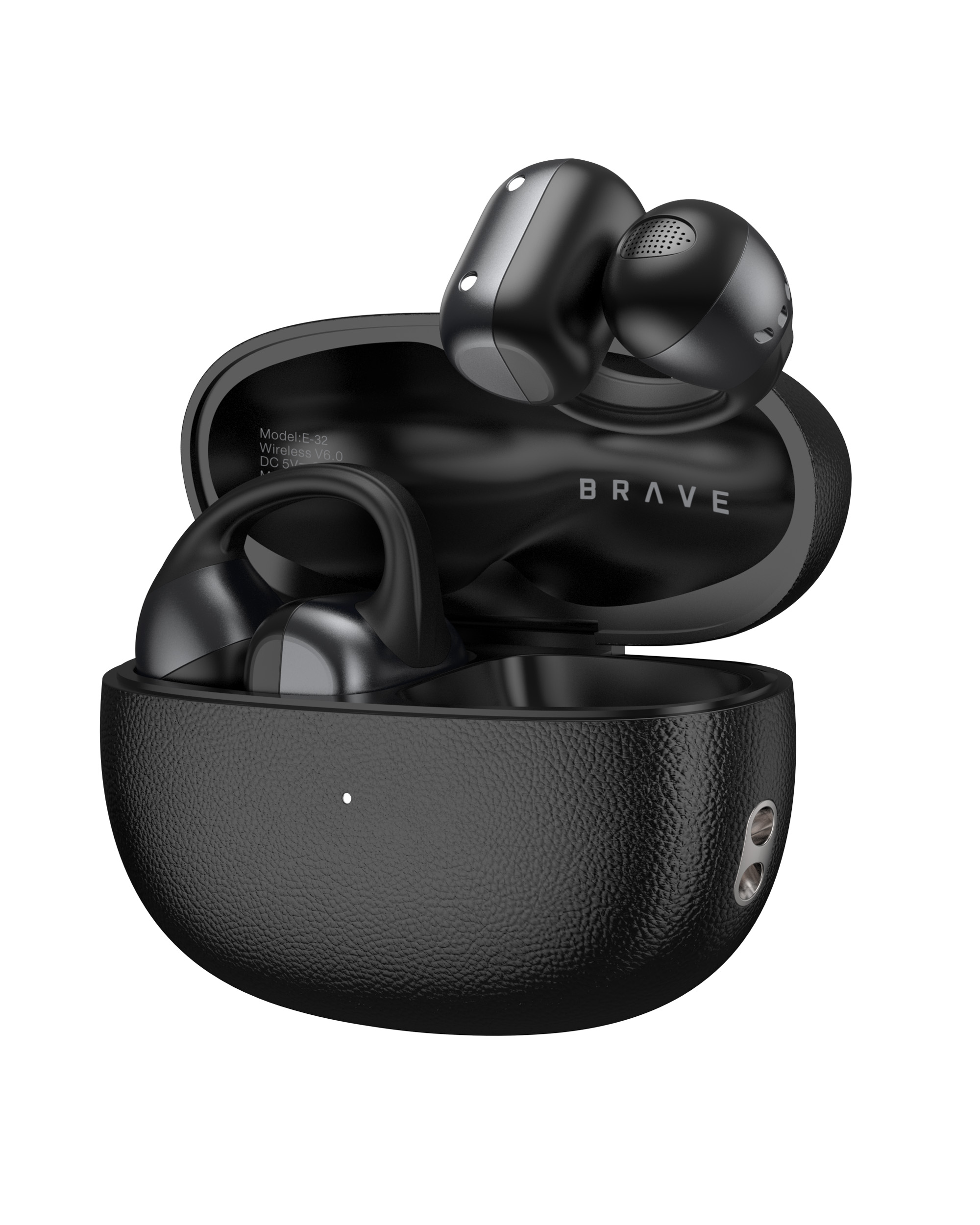 BRAVE E-32 ClipFit Pro Open-Ear Wireless Earbuds | Bluetooth V6.0 Clip-On Ear Cuff, 8H Playtime, Air Conduction – Black