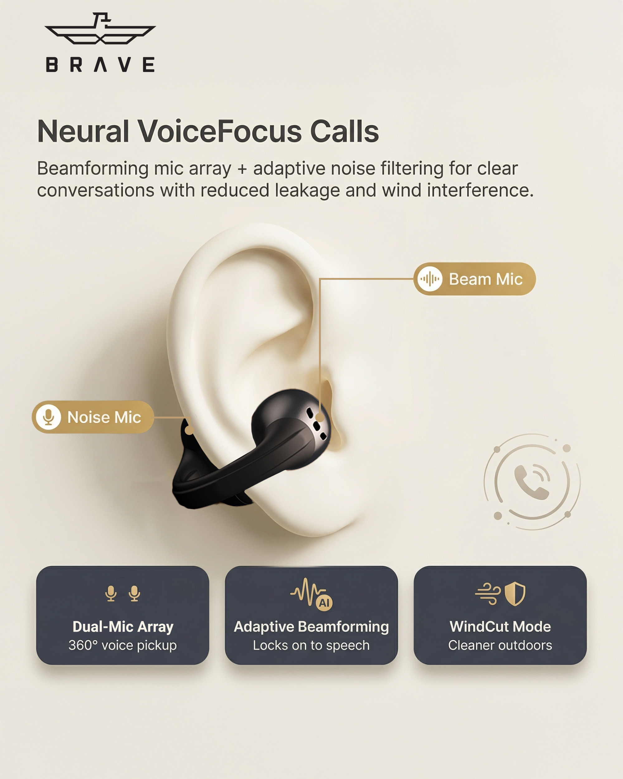 BRAVE E-32 ClipFit Pro Open-Ear Wireless Earbuds | Bluetooth V6.0 Clip-On Ear Cuff, 8H Playtime, Air Conduction – Black