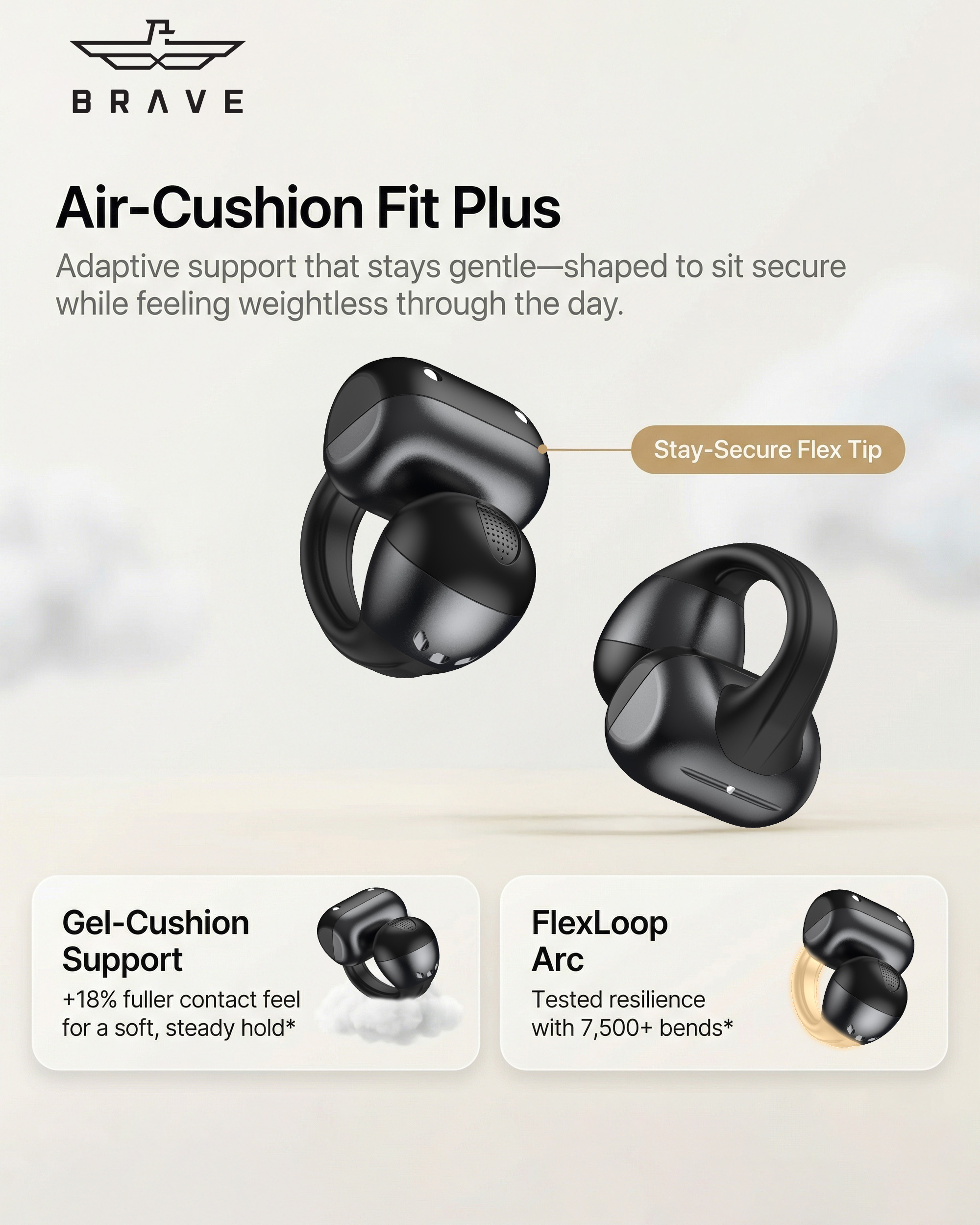 BRAVE E-32 ClipFit Pro Open-Ear Wireless Earbuds | Bluetooth V6.0 Clip-On Ear Cuff, 8H Playtime, Air Conduction – Black
