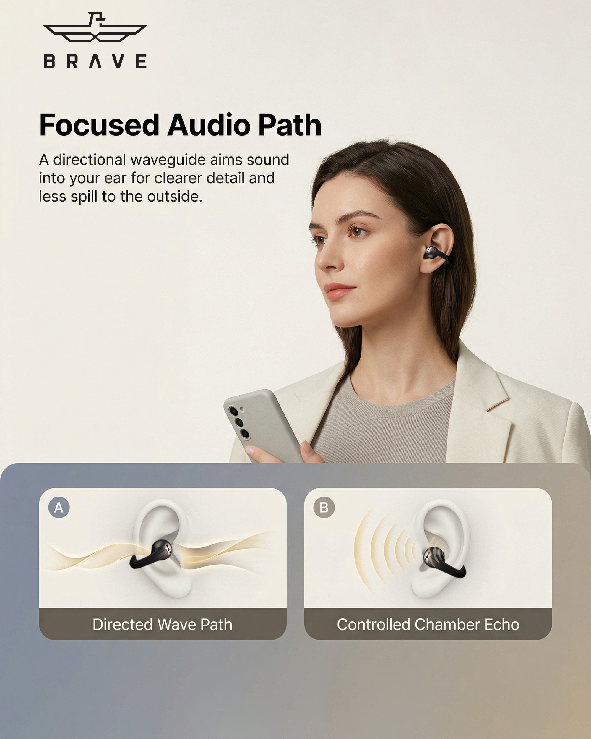 BRAVE E-32 ClipFit Pro Open-Ear Wireless Earbuds | Bluetooth V6.0 Clip-On Ear Cuff, 8H Playtime, Air Conduction – Black