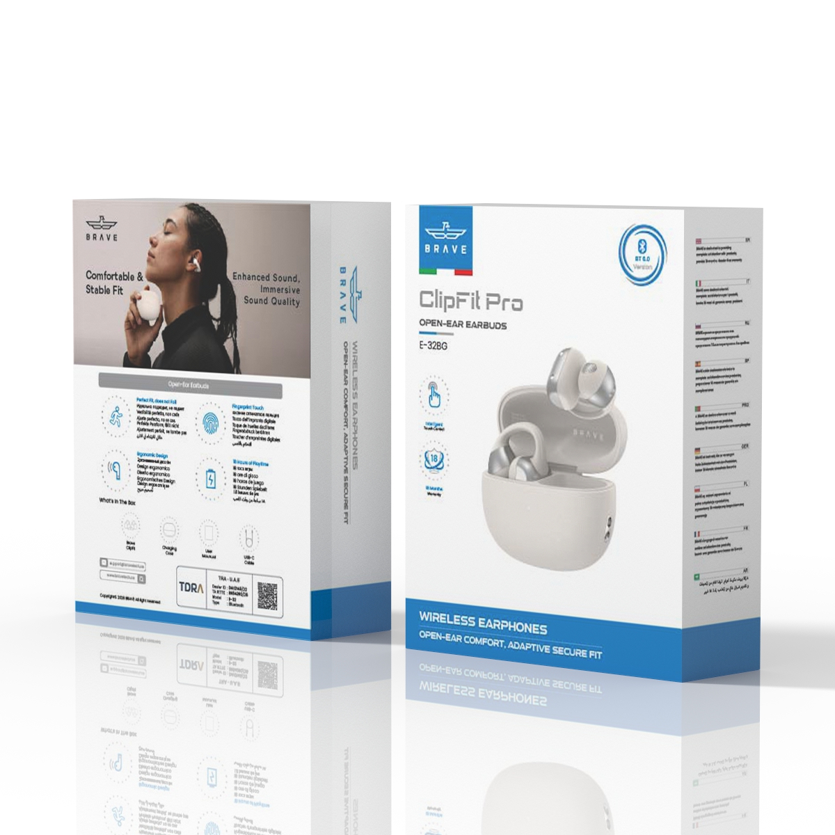 BRAVE E-32 ClipFit Pro Open-Ear Wireless Earbuds | Bluetooth V6.0 Clip-On Ear Cuff, 8H Playtime, Air Conduction – Beige