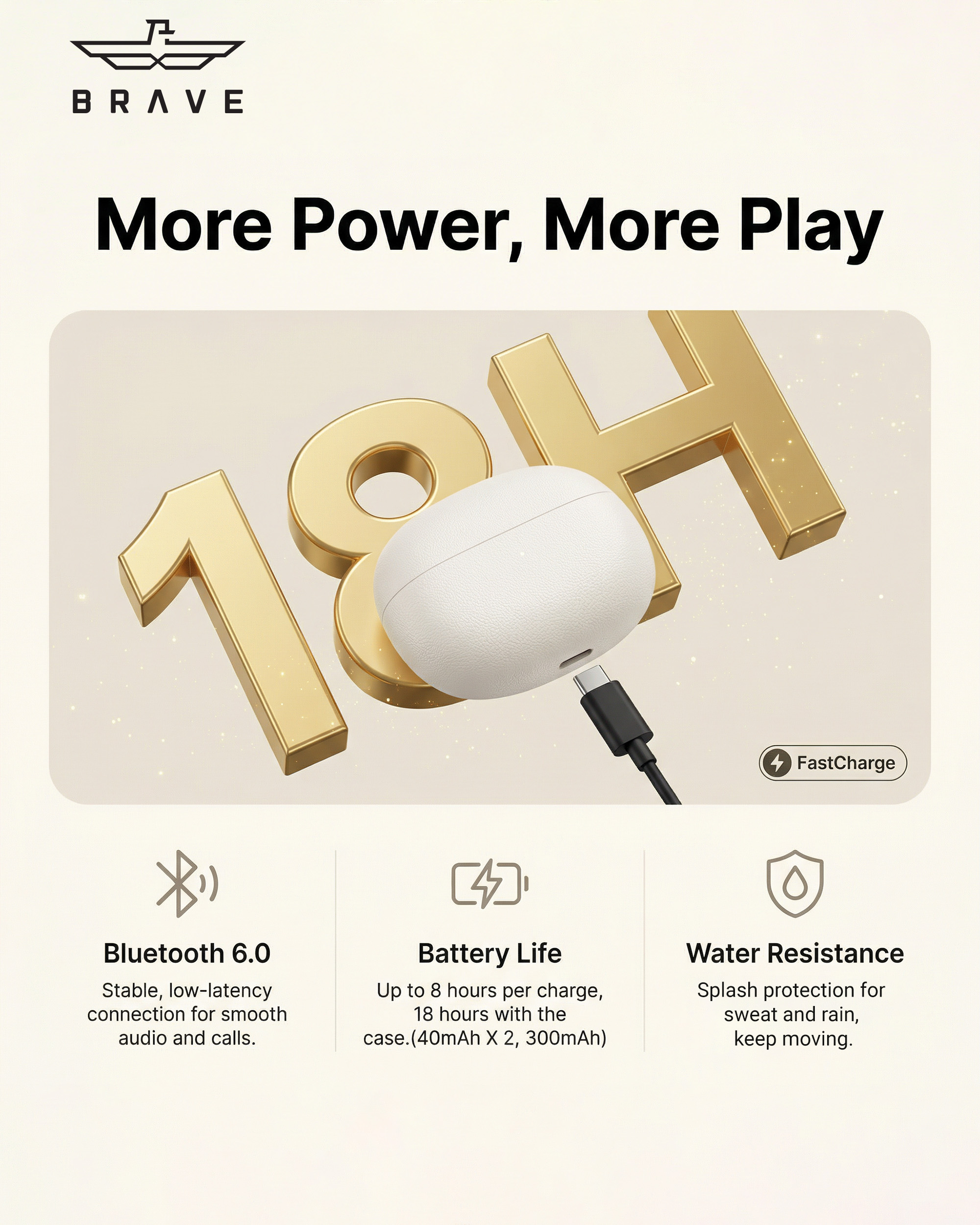 BRAVE E-32 ClipFit Pro Open-Ear Wireless Earbuds | Bluetooth V6.0 Clip-On Ear Cuff, 8H Playtime, Air Conduction – Beige