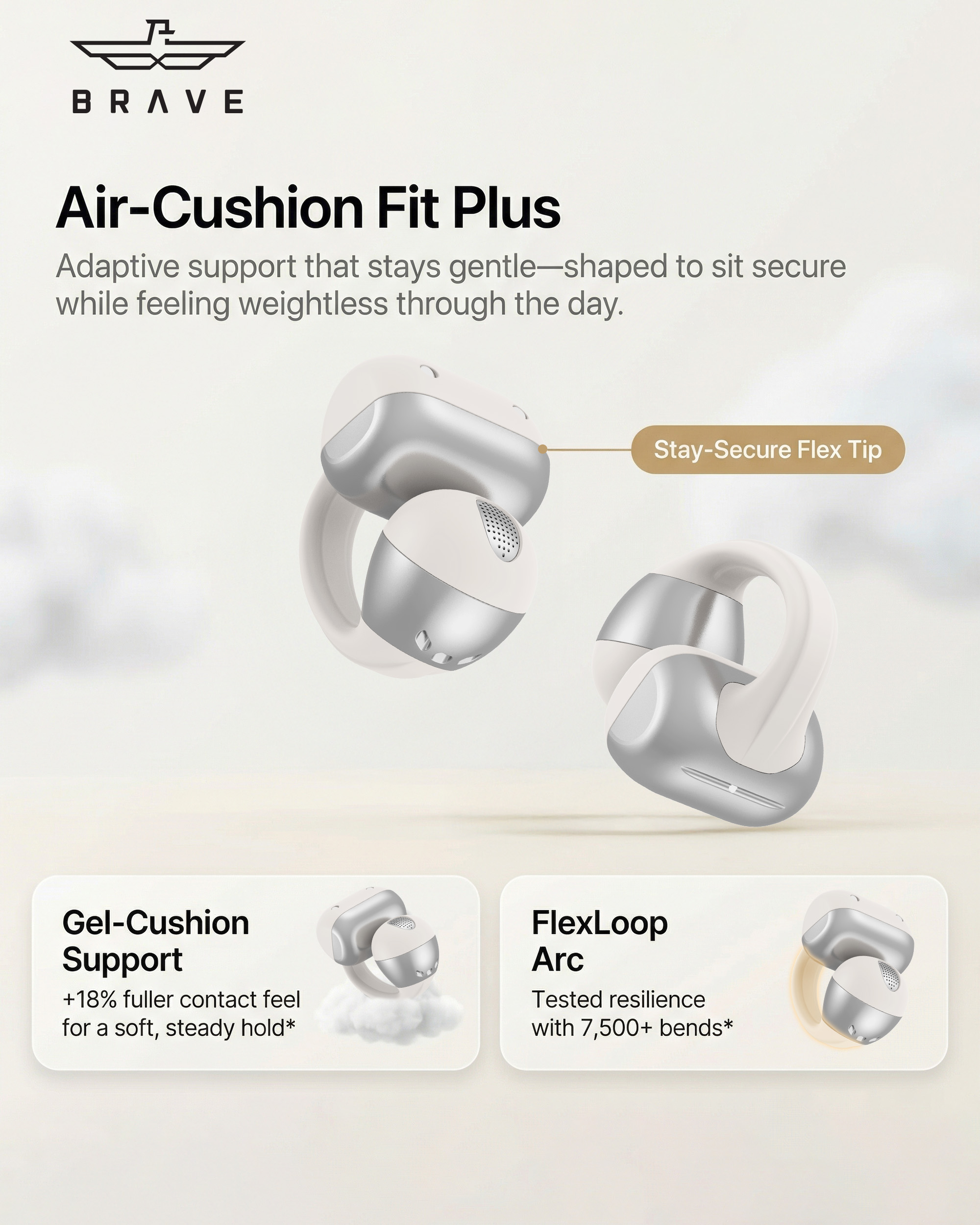 BRAVE E-32 ClipFit Pro Open-Ear Wireless Earbuds | Bluetooth V6.0 Clip-On Ear Cuff, 8H Playtime, Air Conduction – Beige