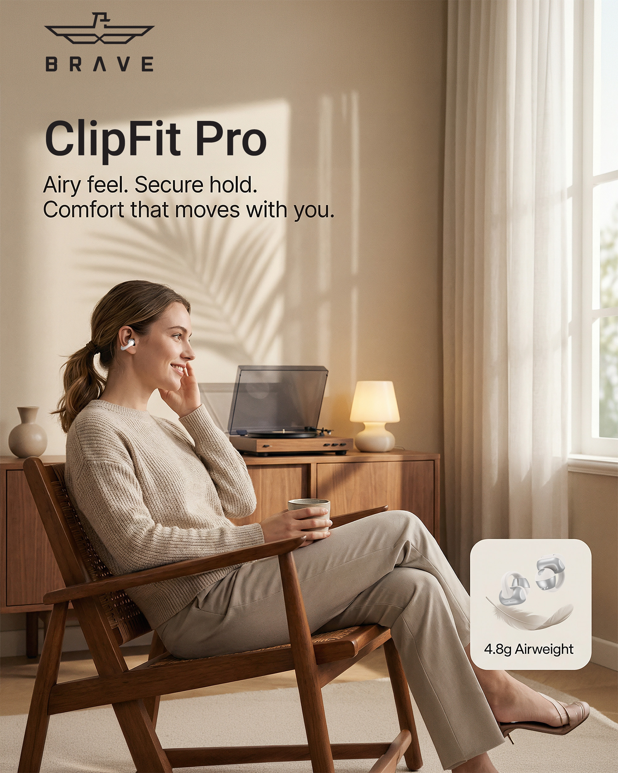 BRAVE E-32 ClipFit Pro Open-Ear Wireless Earbuds | Bluetooth V6.0 Clip-On Ear Cuff, 8H Playtime, Air Conduction – Beige