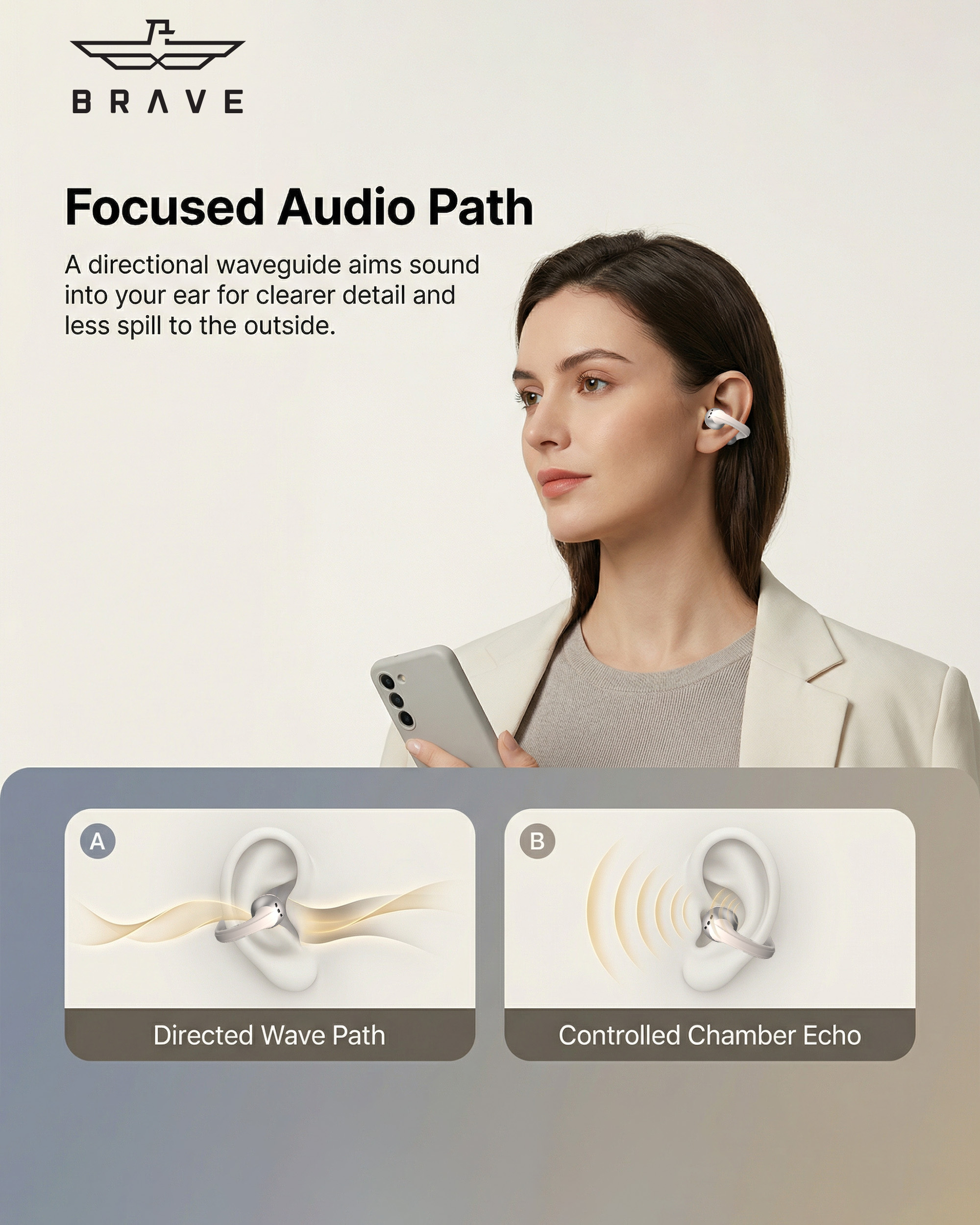 BRAVE E-32 ClipFit Pro Open-Ear Wireless Earbuds | Bluetooth V6.0 Clip-On Ear Cuff, 8H Playtime, Air Conduction – Beige