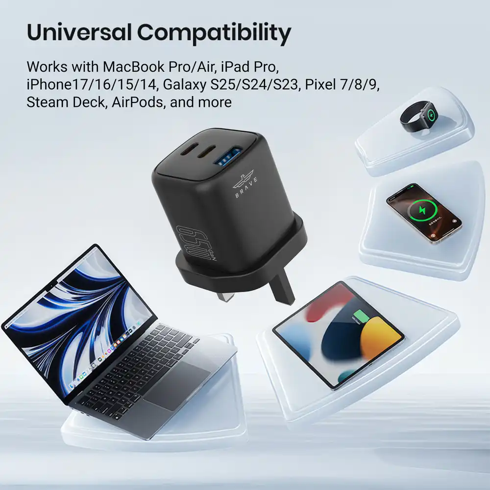 BRAVE BTC-44 65W GaN 3-Port USB-C Fast Charger with 100W Type-C Cable - Black