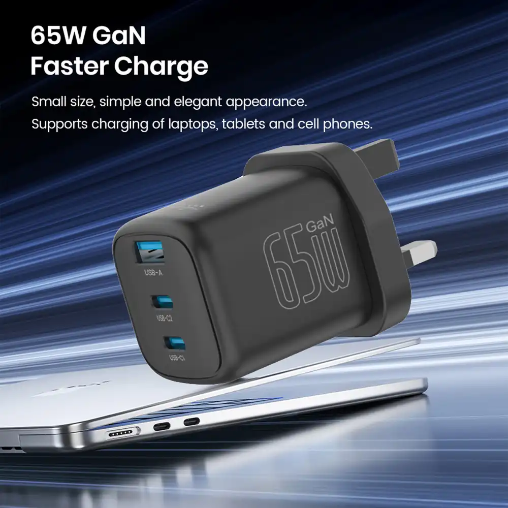 BRAVE BTC-44 65W GaN 3-Port USB-C Fast Charger with 100W Type-C Cable - Black