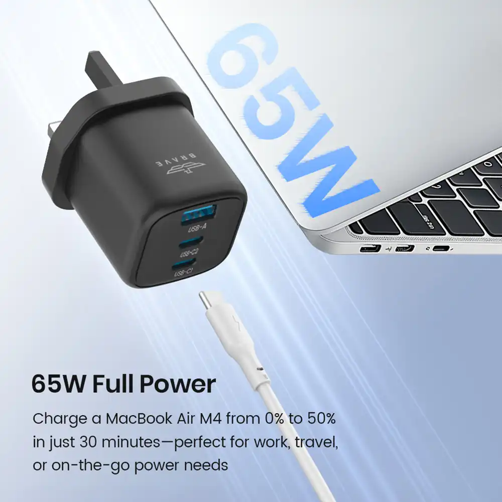 BRAVE BTC-44 65W GaN 3-Port USB-C Fast Charger with 100W Type-C Cable - Black