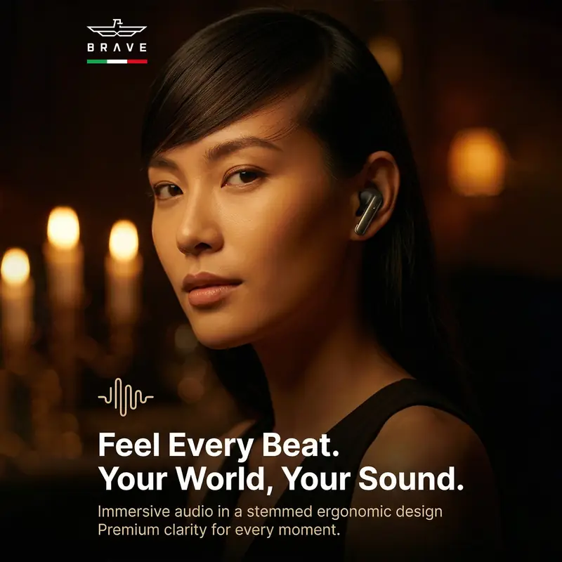 Brave Sonic Pro TWS Earbuds Bluetooth 6.0, 13mm Deep Bass, 18H Playtime, Touch Control, Sweatproof Wireless Earphones - Black