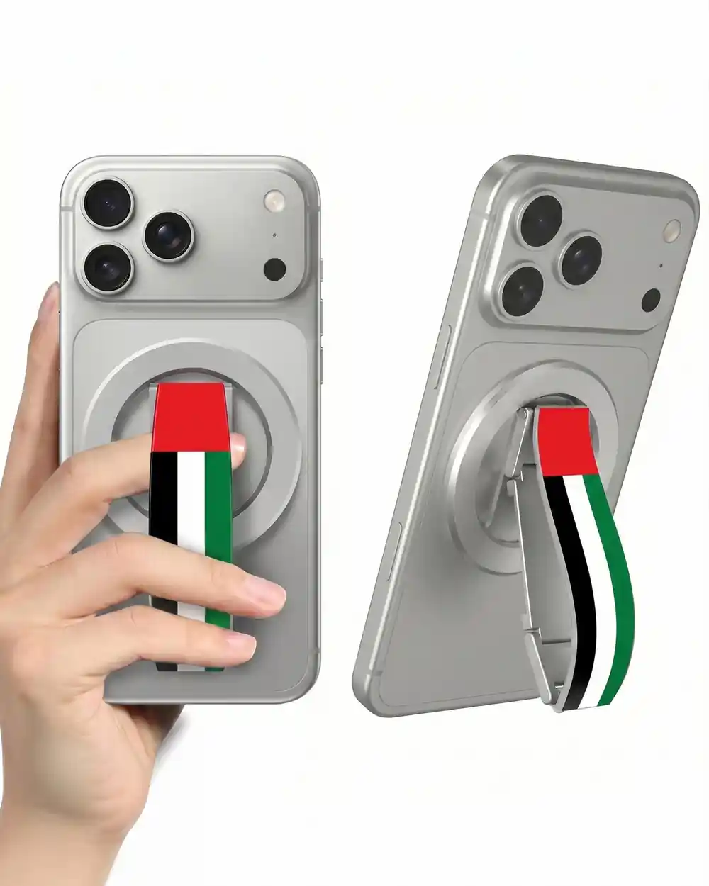 BRAVE UAE Flag MagSafe Phone Grip – 360° Rotatable Kickstand, Magnetic Ring Holder, Compatible with iPhone 17 Series - Silver