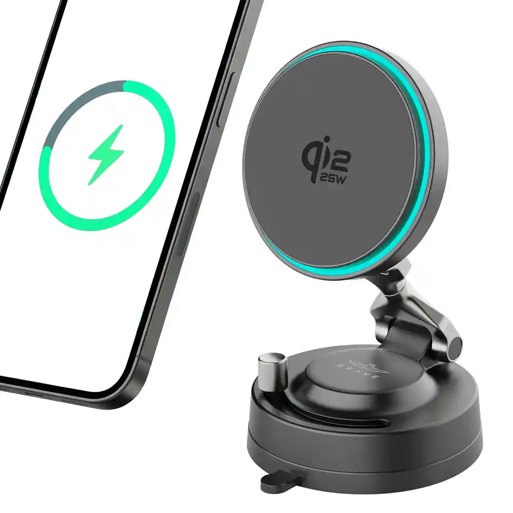 BRAVE BHL-60 Qi2 25W Magnetic Wireless Car Charger Mount, MagSafe Dashboard & Console Phone Holder with Dual USB-C Ports, 360° Rotation - Black