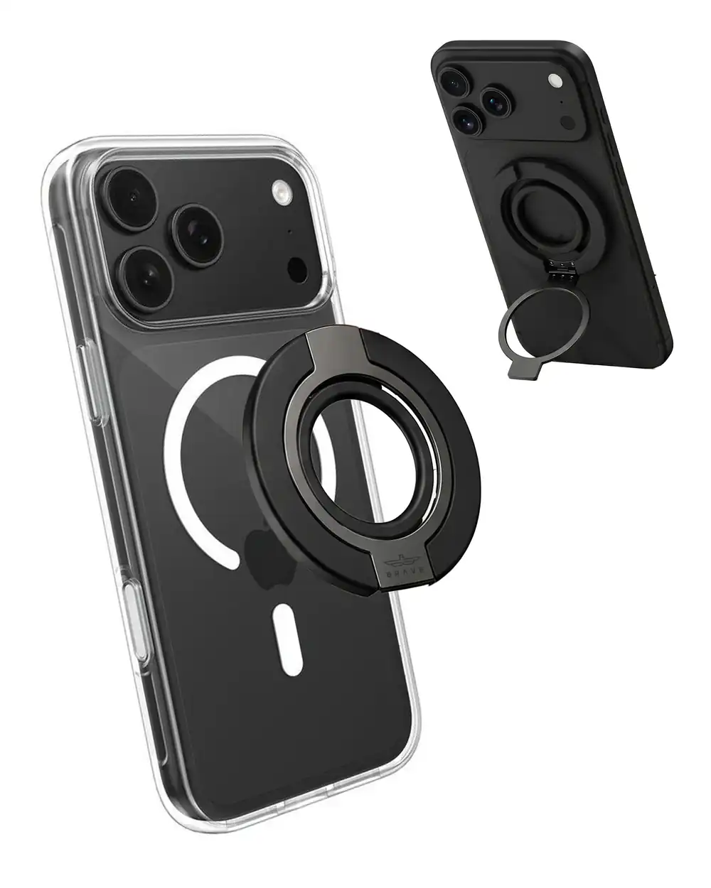BRAVE BG-04 MagGrip 3-in-1 Magnetic Phone Grip & Kickstand With N55 Magnets, 360° Rotating Double Ring Stand, MagSafe Compatible - Black