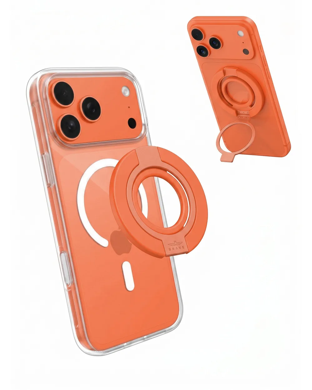 BRAVE BG-04 MagGrip 3-in-1 Magnetic Phone Grip & Kickstand With N55 Magnets, 360° Rotating Double Ring Stand, MagSafe Compatible - Orange