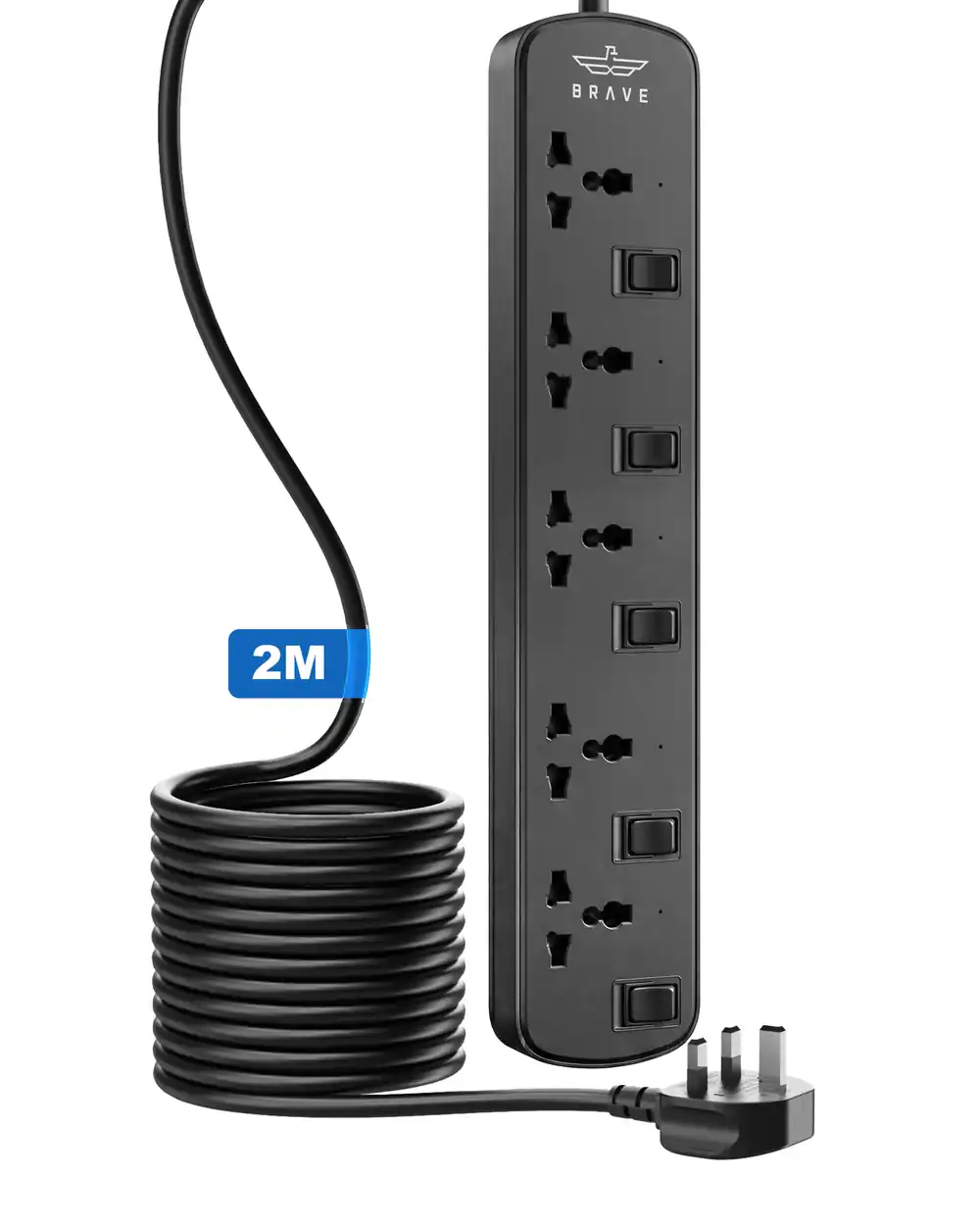 BRAVE BPS-05 5-Way Universal Power Strip 3250W 13A, 2M Heavy-Duty Extension Cord, Individual Switches, Child Safety, ESMA Certified - Black