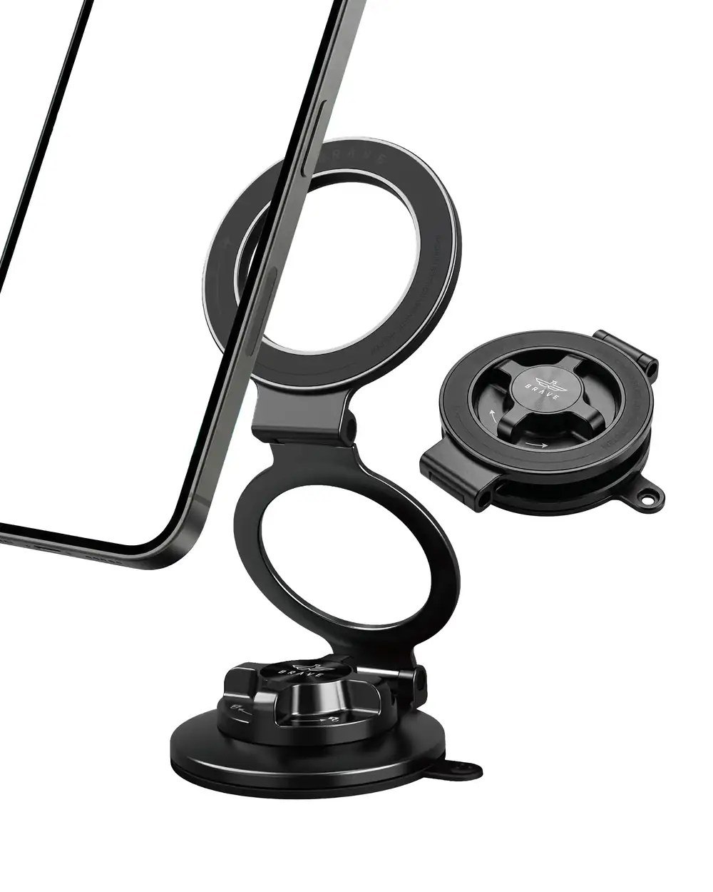 BRAVE BHL-62 Magnetic Vacuum Suction Car Mount, MagSafe Dashboard & Windshield Phone Holder, 360° Foldable Stand - Black