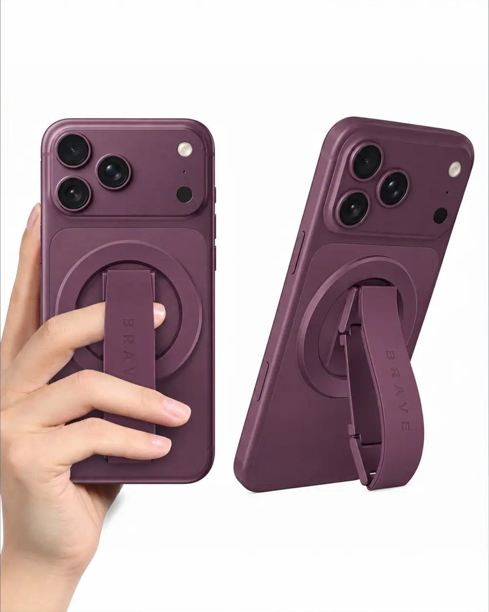 BRAVE MagLoop 360° Rotatable Magnetic Phone Grip & Kickstand, MagSafe Compatible, Adjustable Stand for iPhone & Android - Burgundy