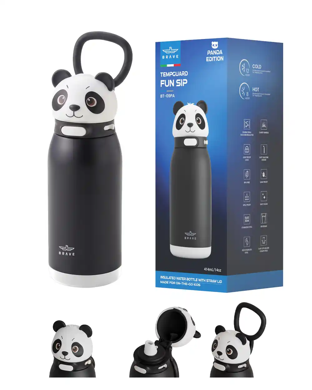 BRAVE TempGuard Fun Sip Kids Water Bottle 414ml, Insulated Stainless Steel Flask, Leakproof Straw Lid, Safety Lock, Panda Black