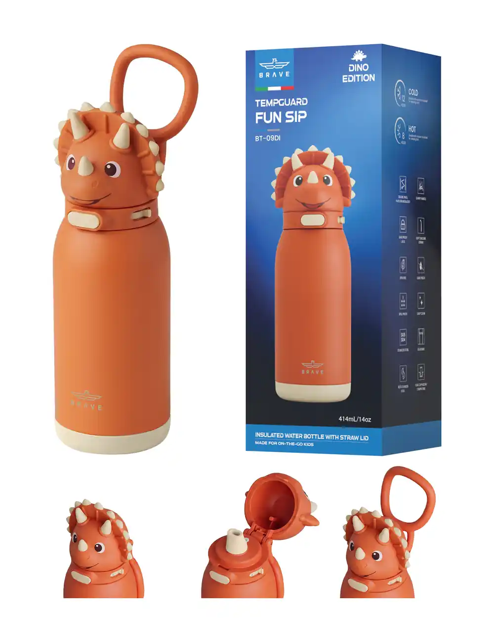 BRAVE TempGuard Fun Sip Kids Water Bottle 414ml, Insulated Stainless Steel Flask, Safety Lock Straw Lid, Dino Orange