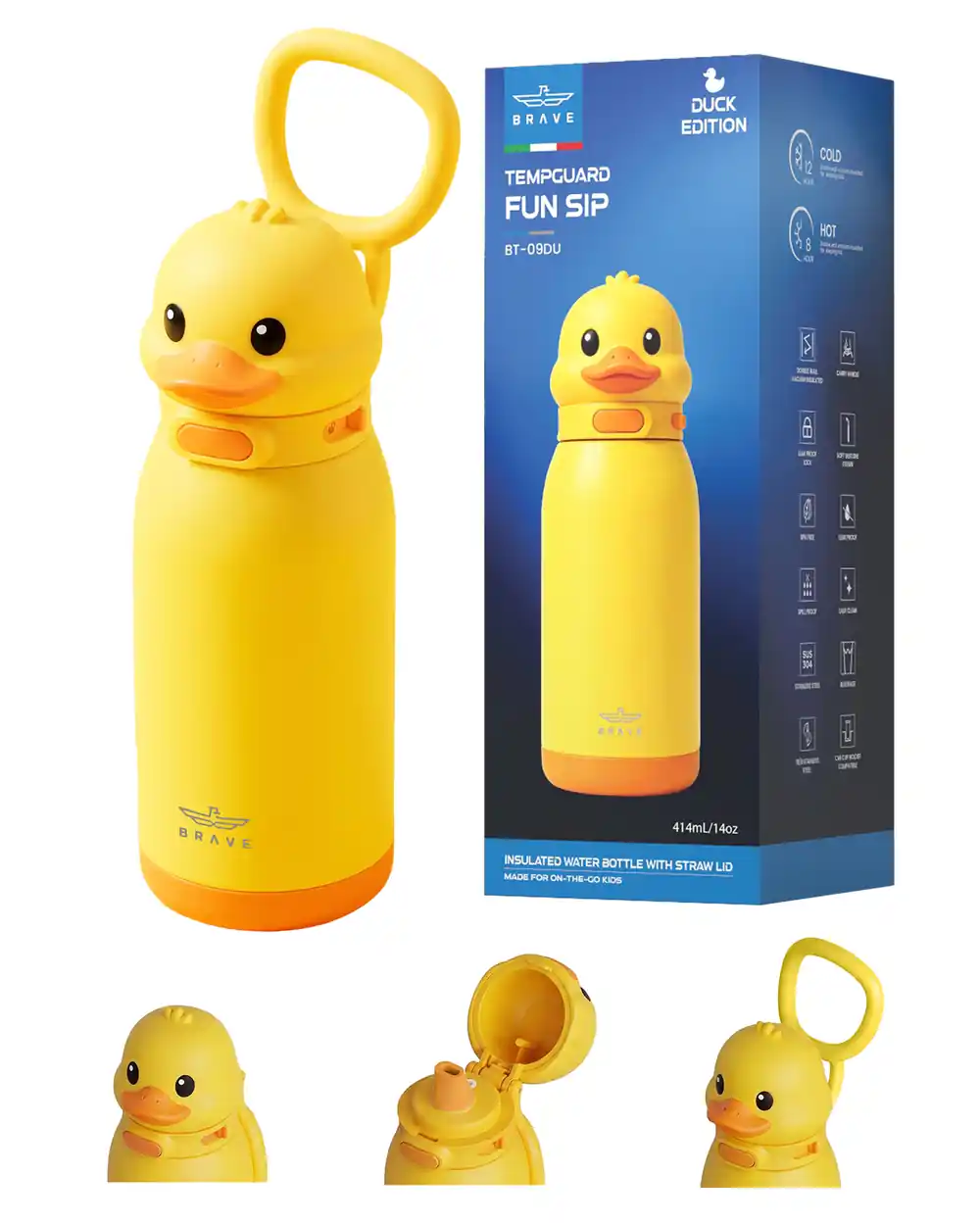 BRAVE TempGuard Fun Sip Kids Water Bottle 414ml, Insulated Stainless Steel Flask, Straw Lid with Safety Lock - Duck Yellow