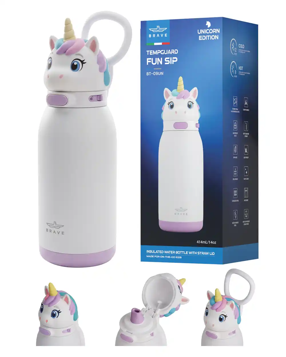BRAVE TempGuard Fun Sip Kids Water Bottle 414ml, Insulated Stainless Steel Flask, Straw Lid With Safety Lock - Unicorn White