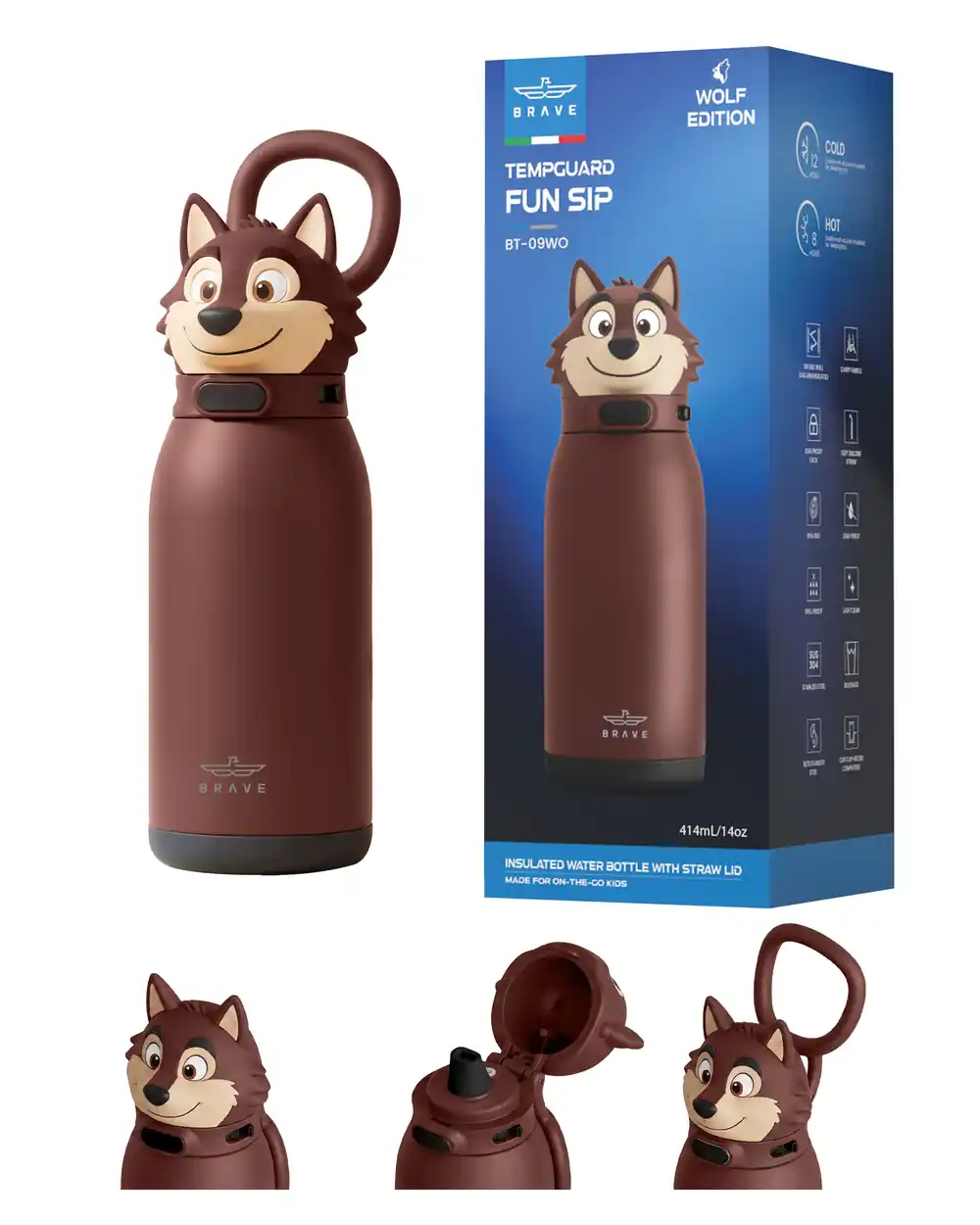 BRAVE TempGuard Fun Sip Kids Water Bottle 414ml, Insulated Stainless Steel Flask, Straw Lid with Safety Lock - Wolf Brown